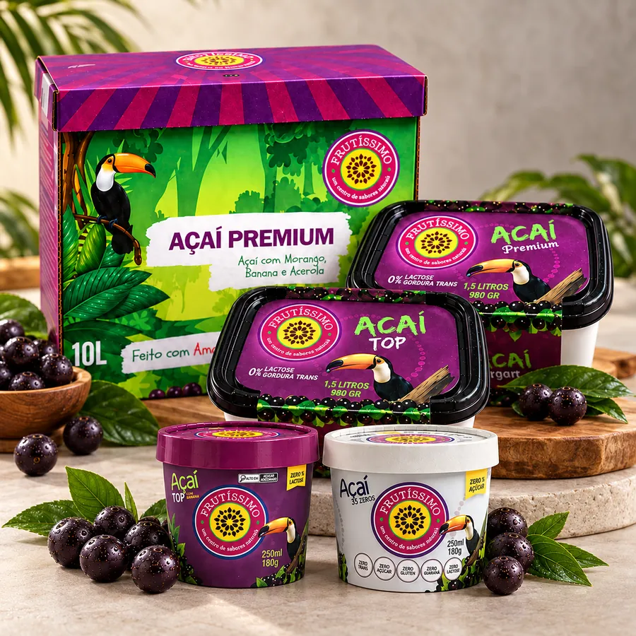 Família de açaí Frutíssimo: caixa de 10 litros do Açaí Premium, potes de 1,5 litro do Top e do Premium e potes individuais do Top e do Cinco Zeros