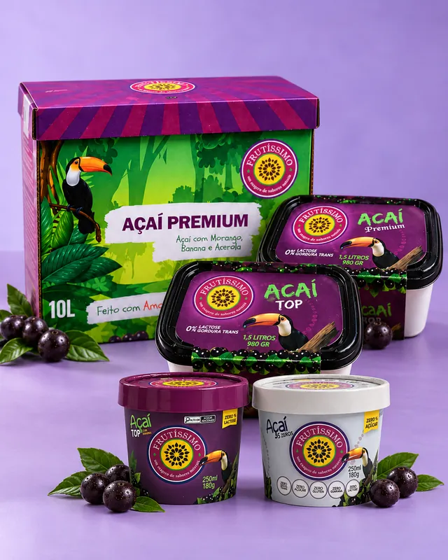Linha de açaí Frutíssimo: caixa de 10 litros do Açaí Premium, potes de 1,5 litro e potes individuais do Açaí Top e do Cinco Zeros