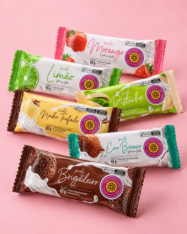 Embalagens dos picolés Frutíssimo: morango, limão, pistache, ninho trufado, coco branco e brigadeiro