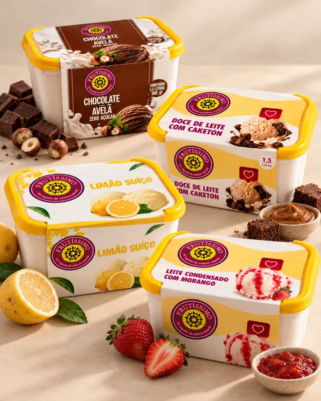 Potes de sorvete Frutíssimo: chocolate com avelã, doce de leite com caketon, limão suíço e leite condensado com morango
