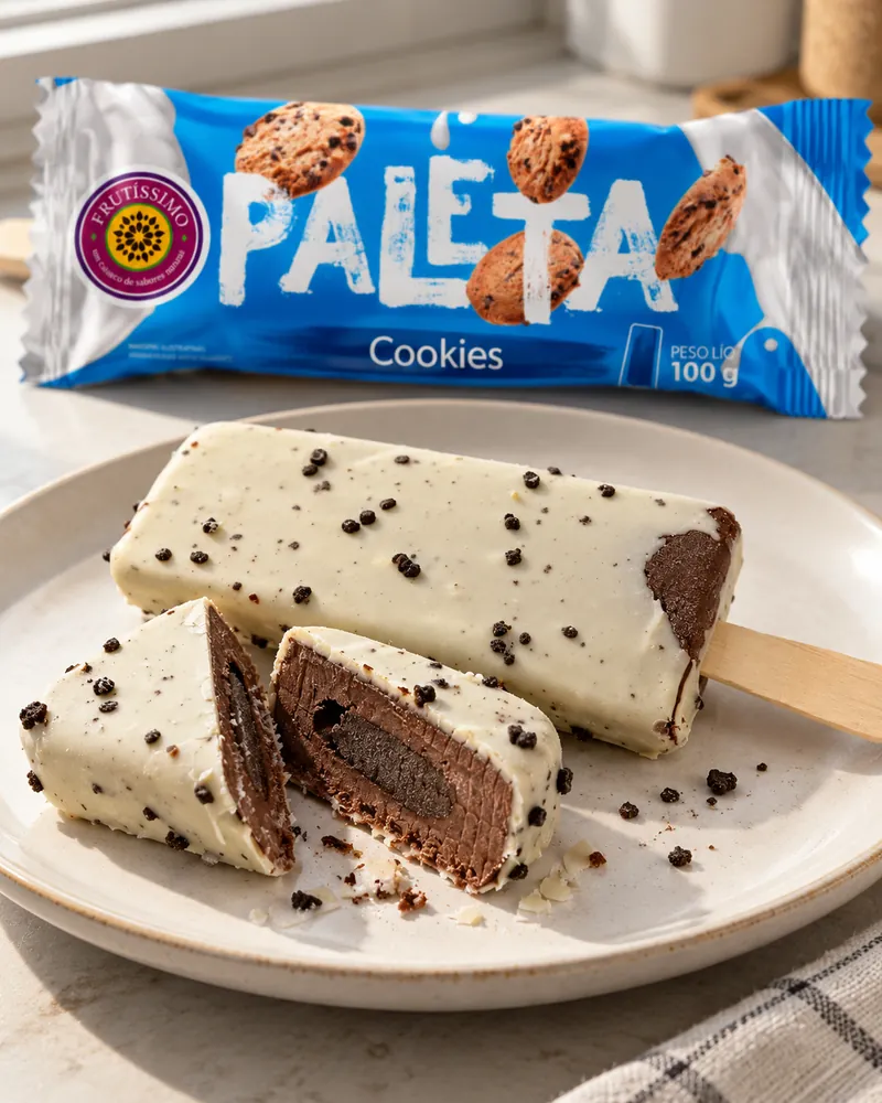 Paleta Cookies Frutíssimo cortada ao meio em um prato, com a embalagem ao fundo