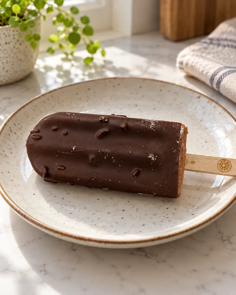 Picolé de brigadeiro Frutíssimo sem embalagem, com cobertura de chocolate, em um prato