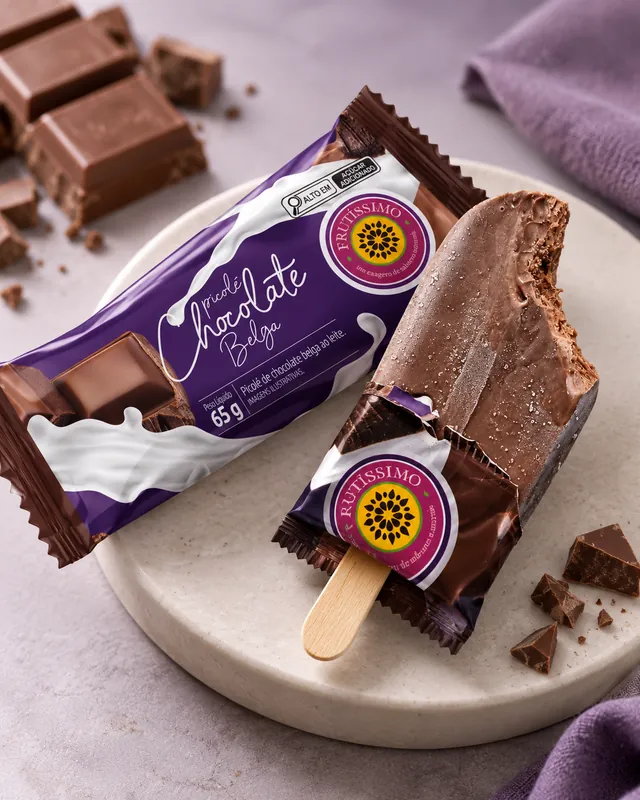 Picolé de chocolate belga Frutíssimo ao lado da embalagem
