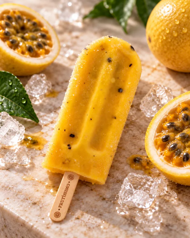 Picolé de maracujá Frutíssimo entre maracujás cortados e gelo