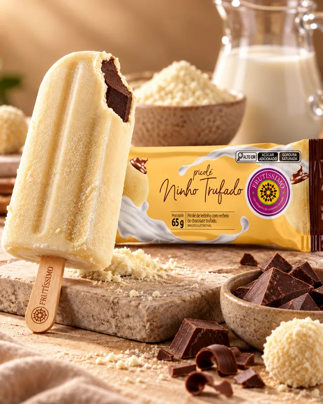 Picolé Ninho Trufado Frutíssimo mordido, mostrando o recheio de chocolate, ao lado da embalagem