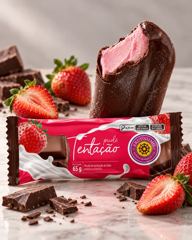 Picolé Tentação Frutíssimo mordido, com recheio de morango ao leite e cobertura de chocolate, ao lado da embalagem