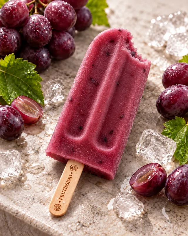 Picolé de uva Frutíssimo com uma mordida, entre uvas e gelo