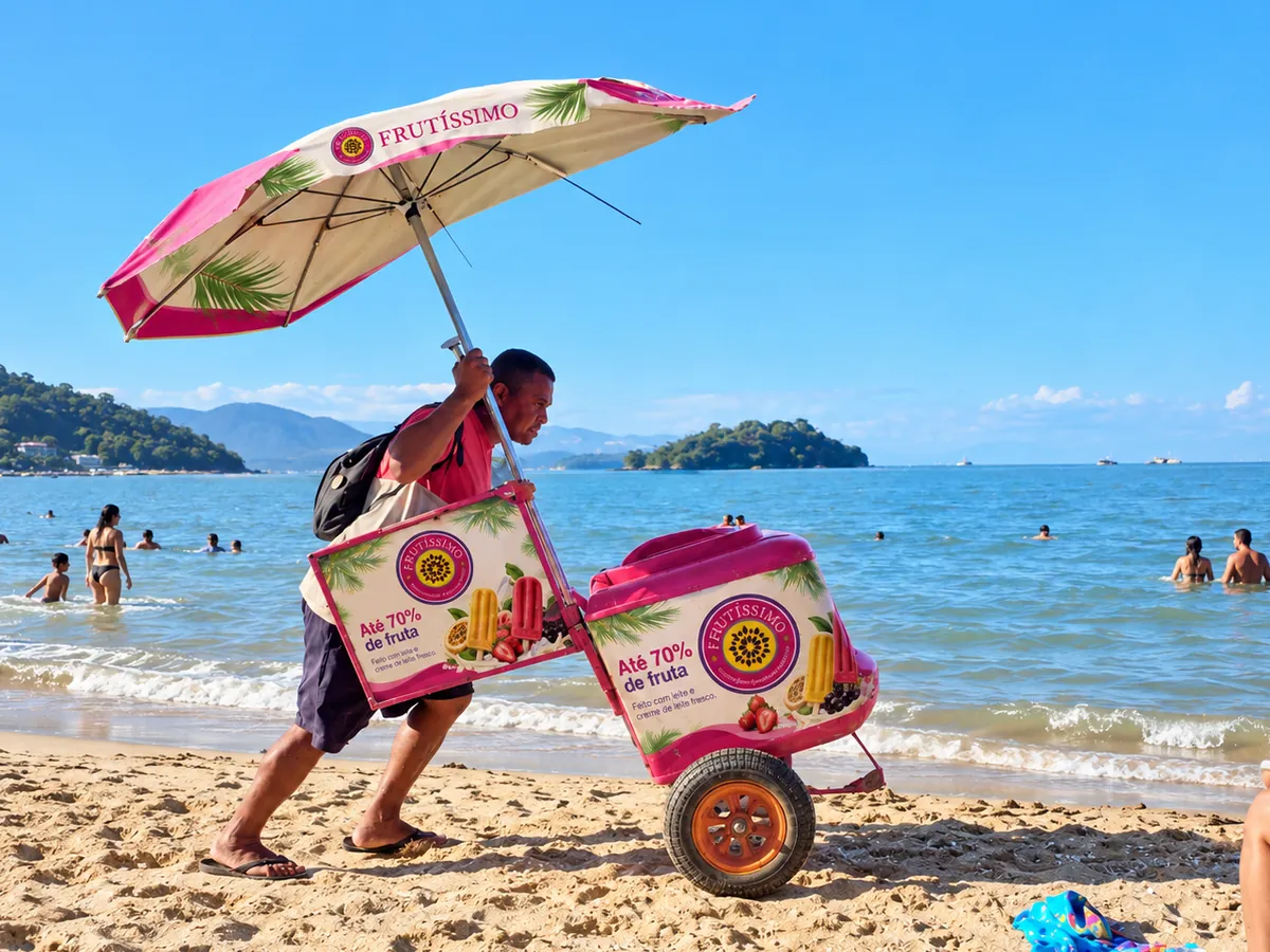 Vendedor empurrando um carrinho de picolé Frutíssimo com guarda-sol na areia da praia