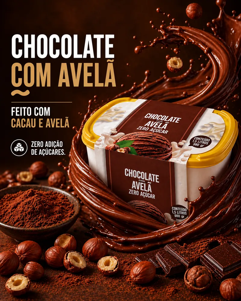 Pote de 1,5 litro do sorvete Chocolate com Avelã Zero Açúcar Frutíssimo, visto de perto